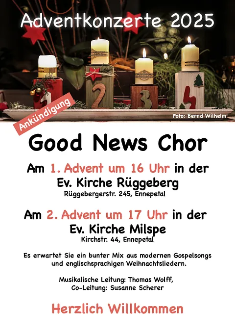 inladung für die Adventkonzerte des Good News Chors am 1. Advent um 16 Uhr in der Rüggeberger Kirche und am 2. Advent um 17 Uhr in der Milsper Kirche