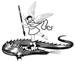 Eine Skizze von Erzengel Michael, der auf einem Drachen steht.