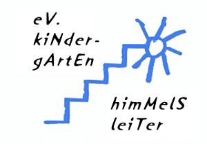 Logo „ev. Kindergarten Himmelsleiter“ mit blauer Treppe und Sonne.