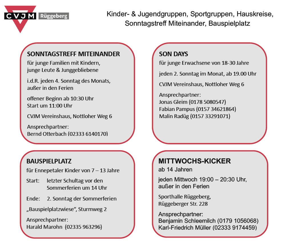 Flyer, der verschiedene deutsche kirchliche Gruppen und Veranstaltungen auflistet.