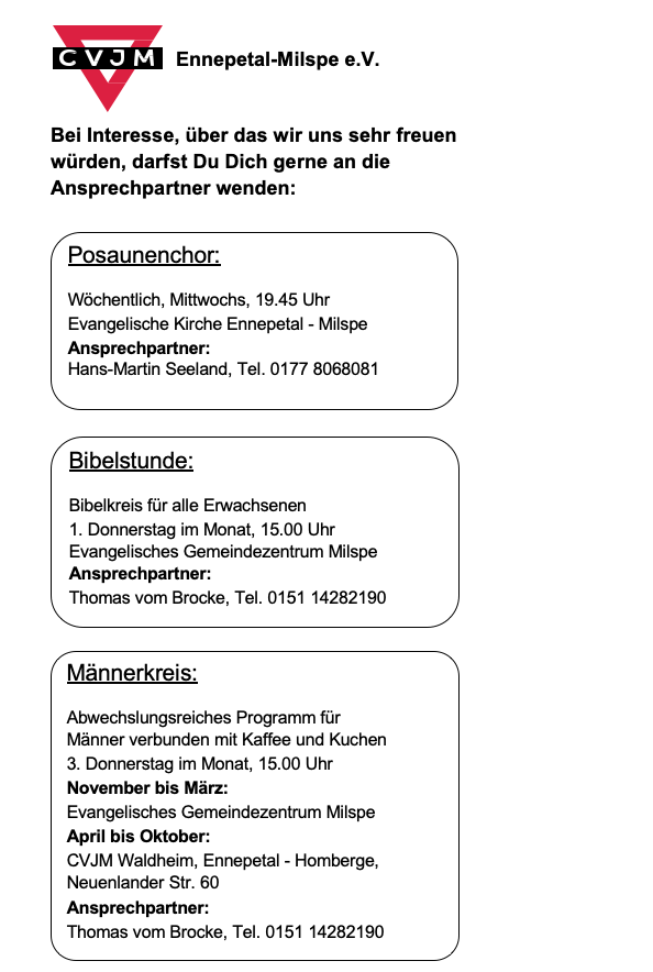 Flyer mit Informationen zu einem Posaunenchor, einer Bibelstunde und einem Männerkreis.