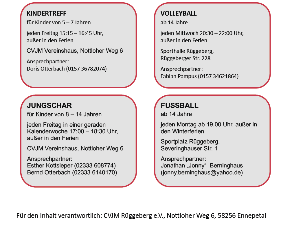 Flyer mit Details zu Kindergruppen und Sportarten wie Volleyball und Fußball.